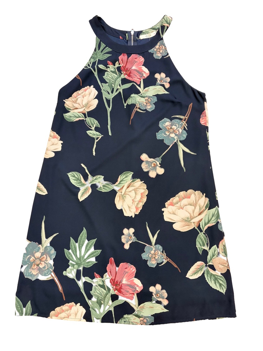 Le Lis Navy Floral Halter Mini Dress with Cream & Coral Blooms Size S Small